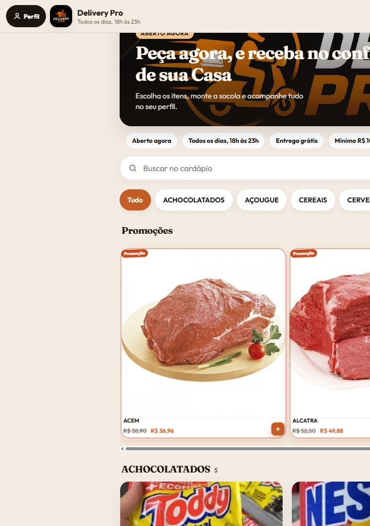 Tela real da loja Delivery Pro com cardápio, promoções e sacola